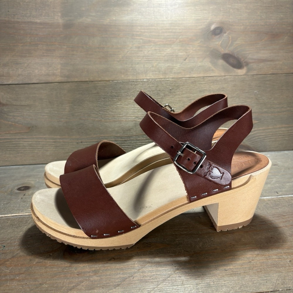 sandgrens monroe Womens size 39 shoes Brown Leather Wood Heel sandals